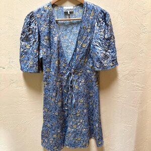 GANNI Blue Floral Printed Crinkled Satin Mini Wrap Dress